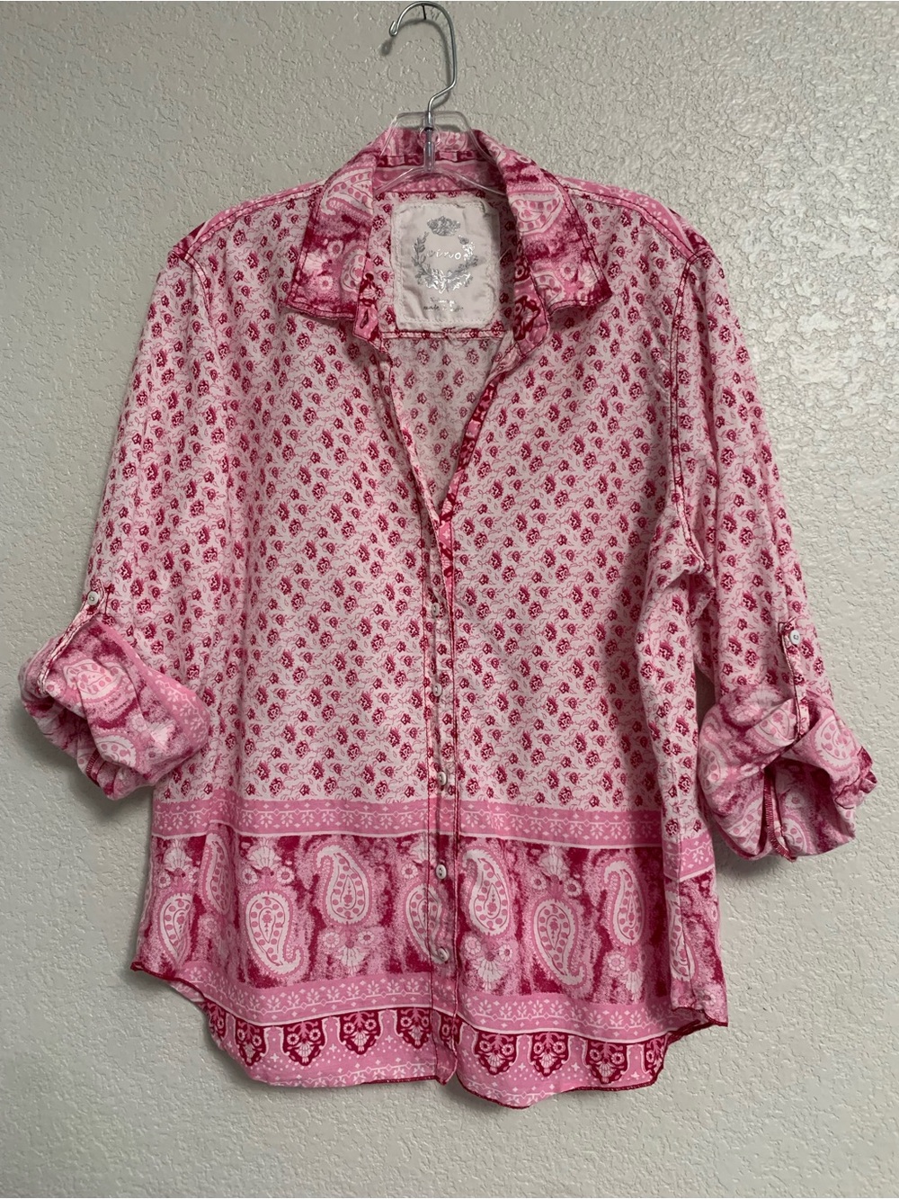 Cino Shirt Top Blouse Womens XL Floral Paisley Roll Tab Lightweight Boho Beach